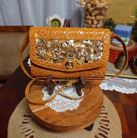 Vintage See Sharp Faux Tortoise Shell Pattern Brown/Mustard Yellow/Tan Purse - Picture 6 of 17